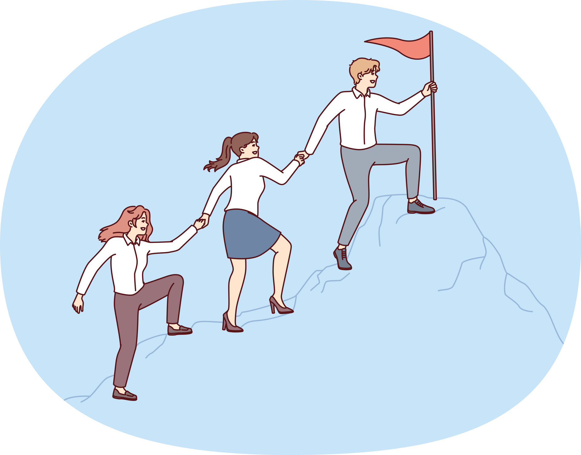 People in Business Attire Climb Mountain Holding Hands to Reach Flag at Top. Concept of Corporate Leadership and Success in Career Ladder with Active Interaction between Employees