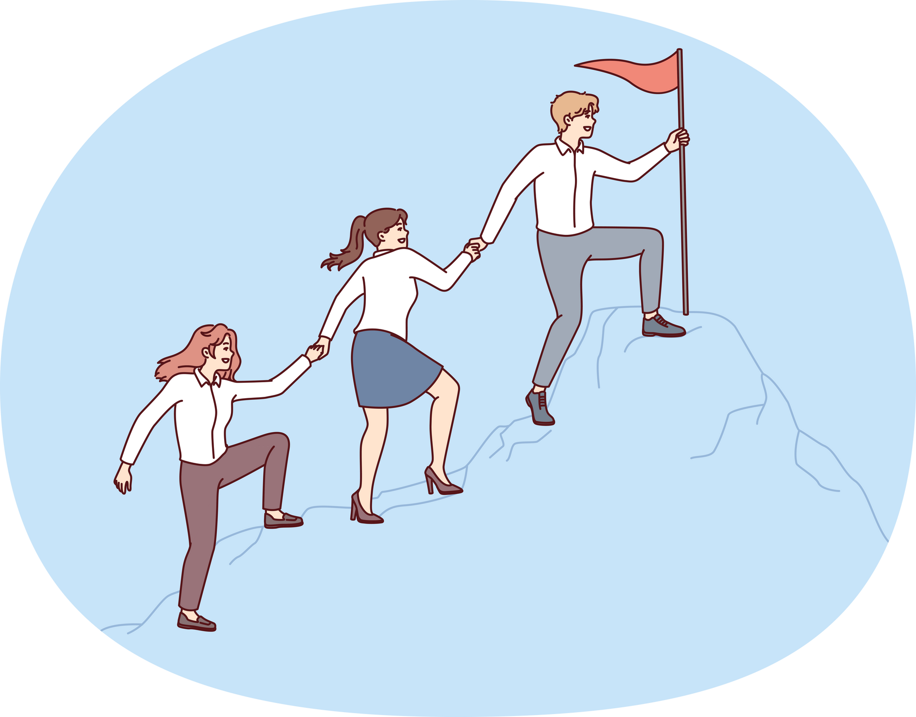 People in Business Attire Climb Mountain Holding Hands to Reach Flag at Top. Concept of Corporate Leadership and Success in Career Ladder with Active Interaction between Employees